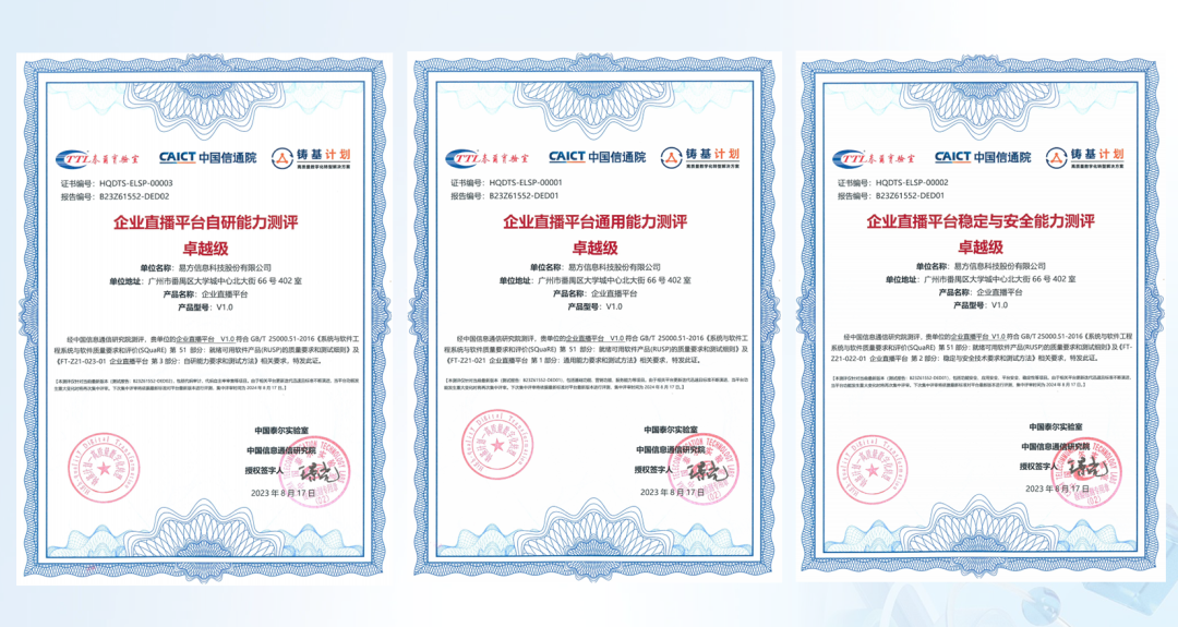 保利威企業(yè)直播平臺榮獲中國信通院“鑄基計劃”三項卓越級評測認證